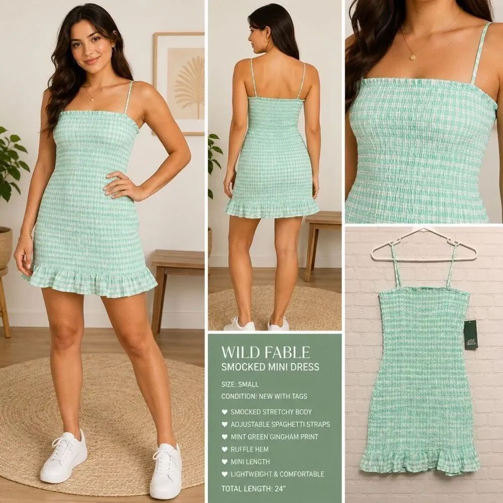Wild Fable Smocked Mini Dress Size Small NWT Green Gingham
